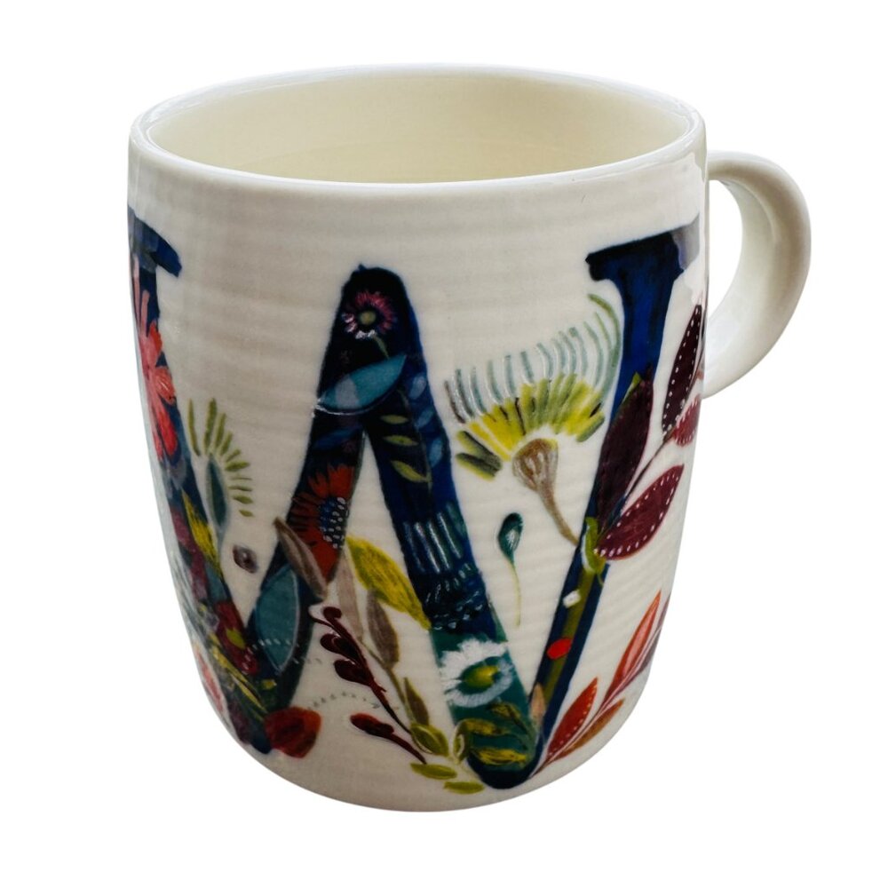 Anthropologie Starla E Halfmann Monogram Letter W Coffee Mug Cup Floral Colorful